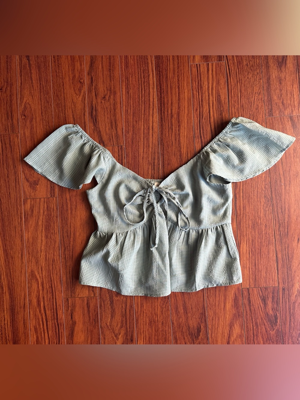 La Hearts Sage Green Off-Shoulder Tie-Front Peplum Blouse